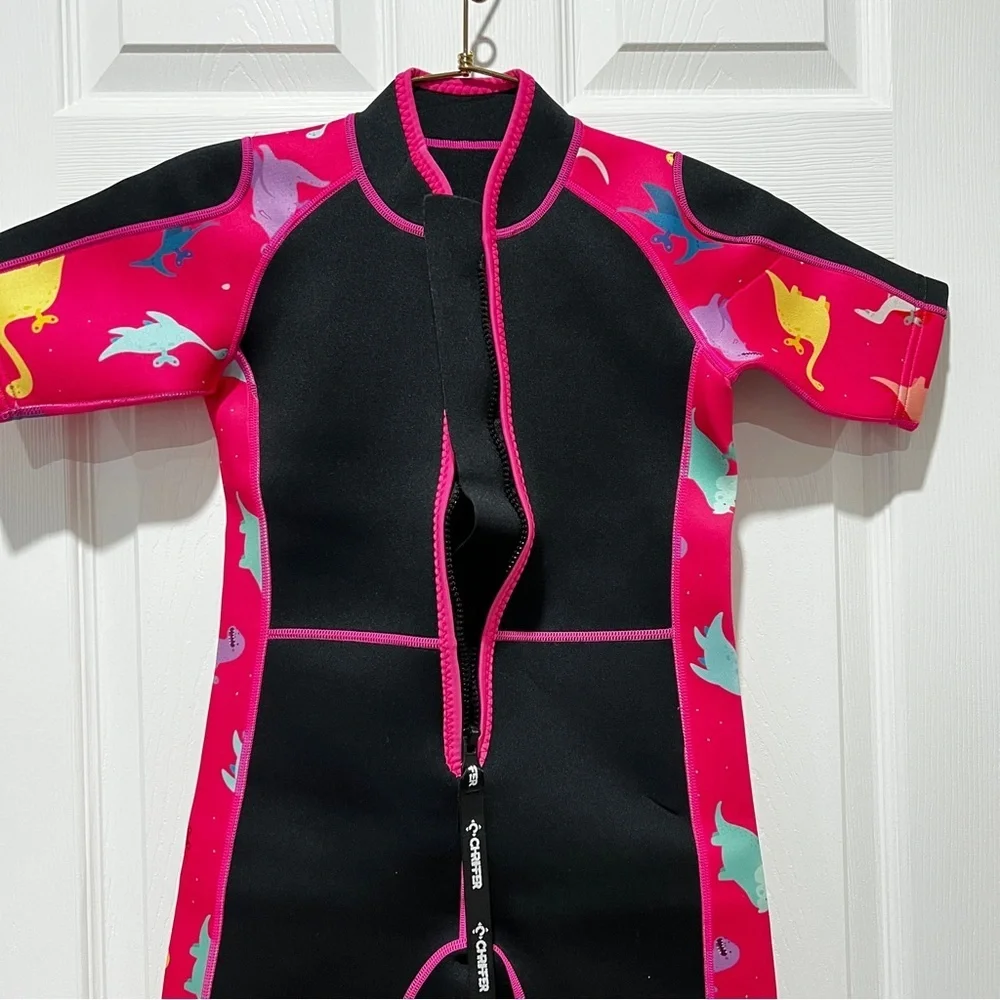 Chriffer Kids Wetsuit Size Large Pink/Black Dino Print Details Short Sleeve Girl